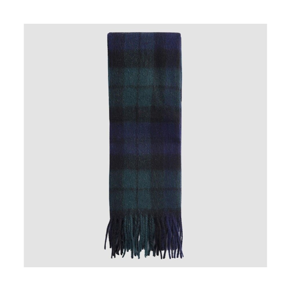 BARBOUR Mens Scarf Blue Green Tartan Plaid Blackwatch Fringe Lambswool Cashmere
